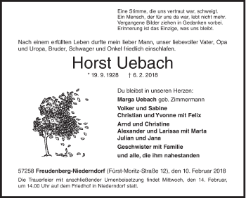 Traueranzeige von Horst Uebach von Siegener Zeitung