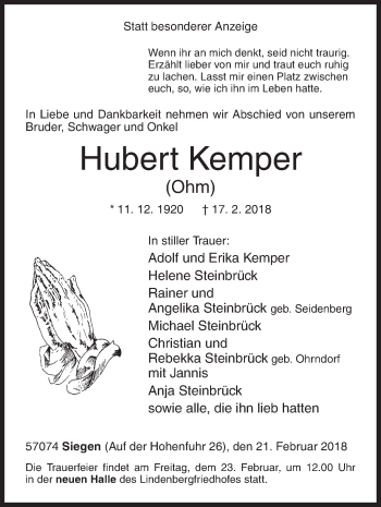 Traueranzeige von Hubert Kemper von Siegener Zeitung