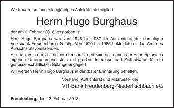 Traueranzeige von Hugo Burghaus von Siegener Zeitung