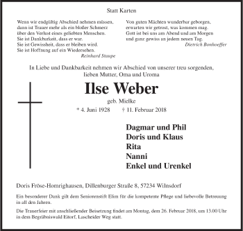 Traueranzeige von Ilse Weber von Siegener Zeitung