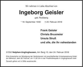 Traueranzeige von Ingeborg Geisler von Siegener Zeitung