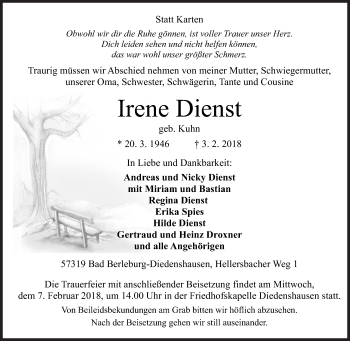 Traueranzeige von Irene Dienst von Siegener Zeitung