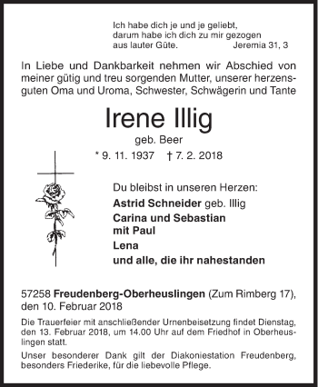 Traueranzeige von Irene Illig von Siegener Zeitung