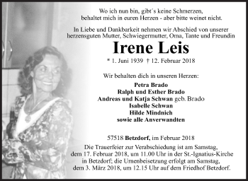 Traueranzeige von Irene Leis von Siegener Zeitung