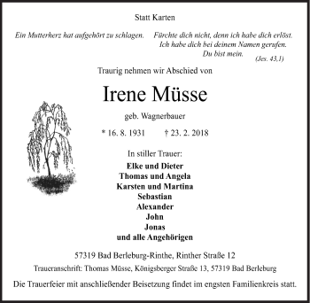 Traueranzeige von Irene Müsse von Siegener Zeitung
