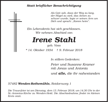 Traueranzeige von Irene Stahl von Siegener Zeitung