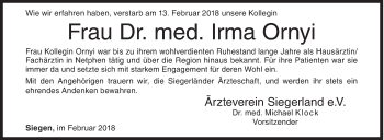 Traueranzeige von Irma Ornyi von Siegener Zeitung