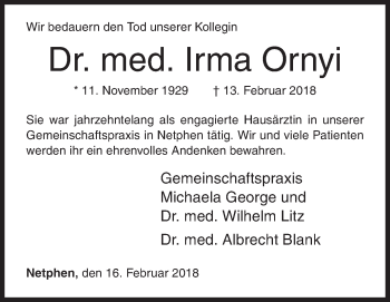 Traueranzeige von Irma Ornyi von Siegener Zeitung