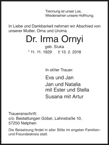 Traueranzeige von Irma Ornyi von Siegener Zeitung