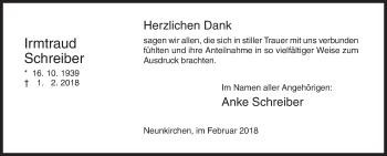 Traueranzeige von Irmtraud Schreiber von Siegener Zeitung