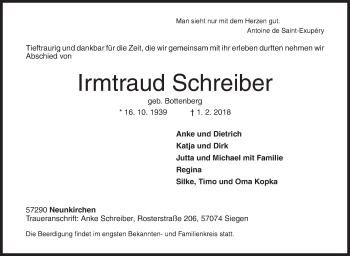 Traueranzeige von Irmtraud Schreiber von Siegener Zeitung