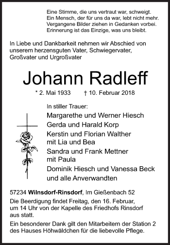 Traueranzeige von Johann Radleff von Siegener Zeitung