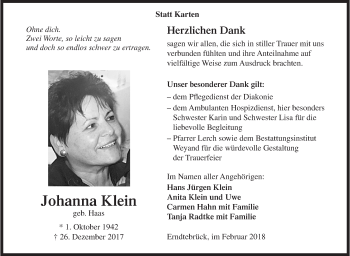 Traueranzeige von Johanna Klein von Siegener Zeitung