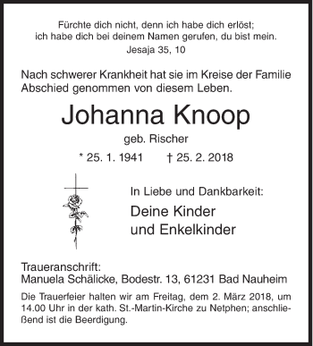Traueranzeige von Johanna Knoop von Siegener Zeitung