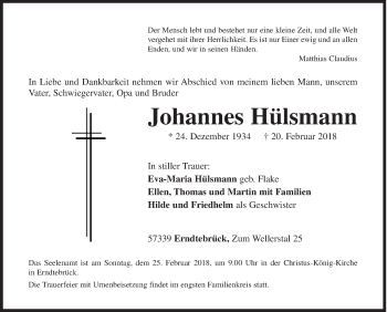 Traueranzeige von Johannes Hülsmann von Siegener Zeitung