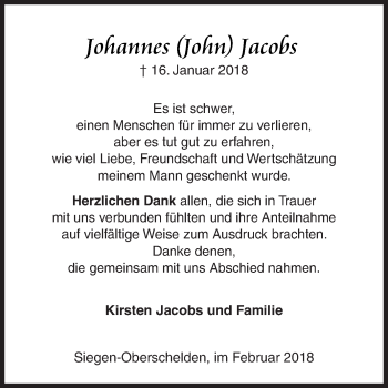 Traueranzeige von Johannes Jacobs von Siegener Zeitung