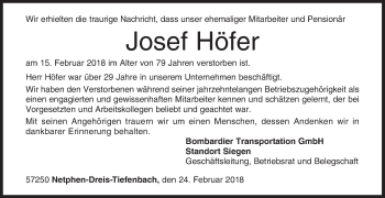 Traueranzeige von Josef Höfer von Siegener Zeitung