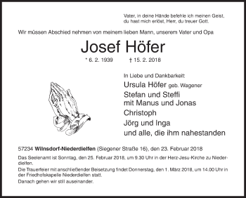 Traueranzeige von Josef Höfer von Siegener Zeitung