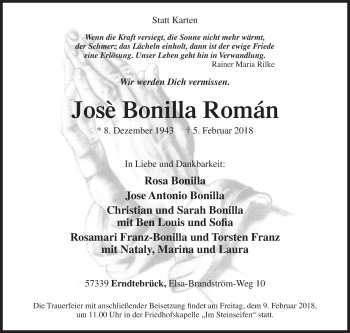 Traueranzeige von Josè Bonilla Román von Siegener Zeitung