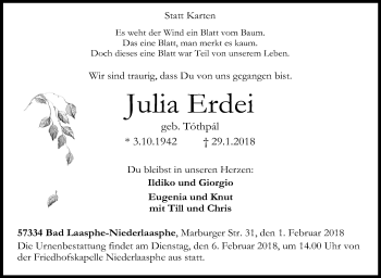 Traueranzeige von Julia Erdei von Siegener Zeitung