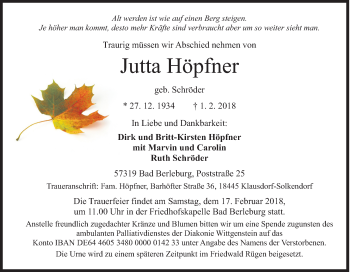 Traueranzeige von Jutta Höpfner von Siegener Zeitung