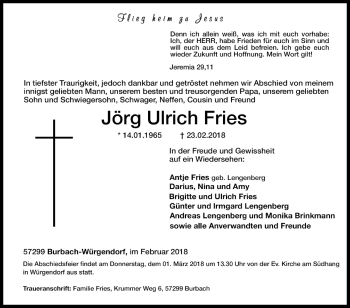 Traueranzeige von Jörg Ulrich Fries von Siegener Zeitung