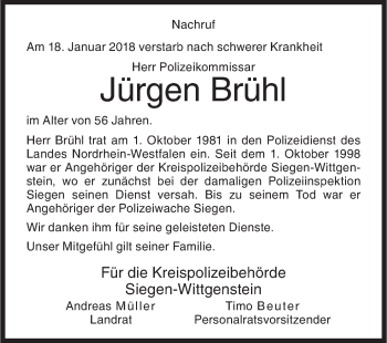 Traueranzeige von Jürgen Brühl von Siegener Zeitung