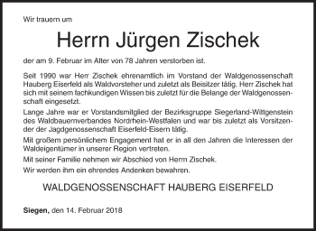Traueranzeige von Jürgen Zischek von Siegener Zeitung