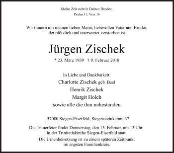 Traueranzeige von Jürgen Zischek von Siegener Zeitung