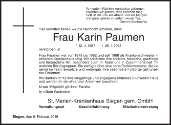 Traueranzeige von Karin Paumen von Siegener Zeitung