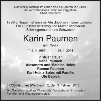 Traueranzeige von Karin Paumen von Siegener Zeitung