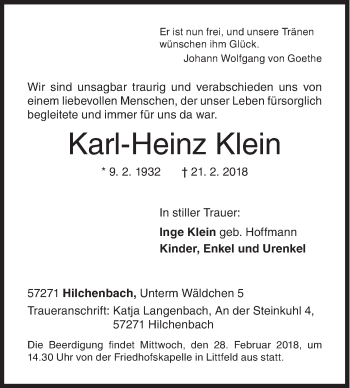 Traueranzeige von Karl-Heinz Klein von Siegener Zeitung