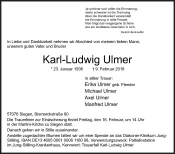 Traueranzeige von Karl-Ludwig Ulmer von Siegener Zeitung