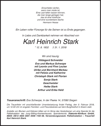 Traueranzeige von Karl Heinrich Stark von Siegener Zeitung
