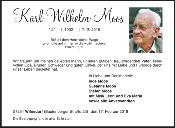 Traueranzeige von Karl Wilhelm Moos von Siegener Zeitung