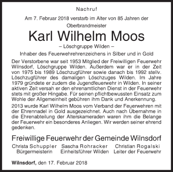 Traueranzeige von Karl Wilhelm Moos von Siegener Zeitung