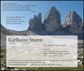 Traueranzeige von Karlheinz Sturm von Siegener Zeitung
