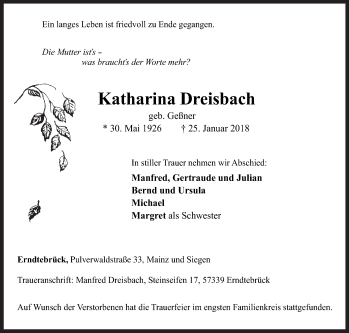 Traueranzeige von Katharina Dreisbach von Siegener Zeitung