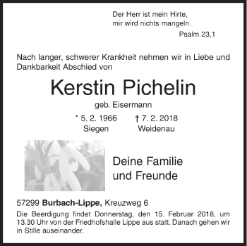 Traueranzeige von Kerstin Pichelin von Siegener Zeitung