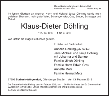 Traueranzeige von Klaus-Dieter Döhling von Siegener Zeitung