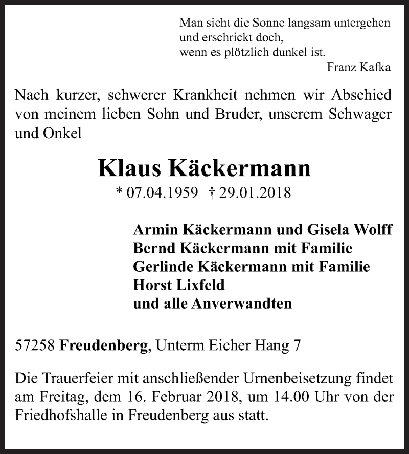  Traueranzeige für Klaus Käckermann vom 12.02.2018 aus Siegener Zeitung