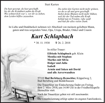 Traueranzeige von Kurt Schlapbach von Siegener Zeitung