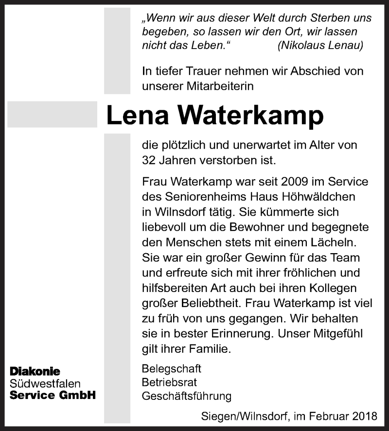 Traueranzeige für Lena Waterkamp vom 16.02.2018 aus Siegener Zeitung