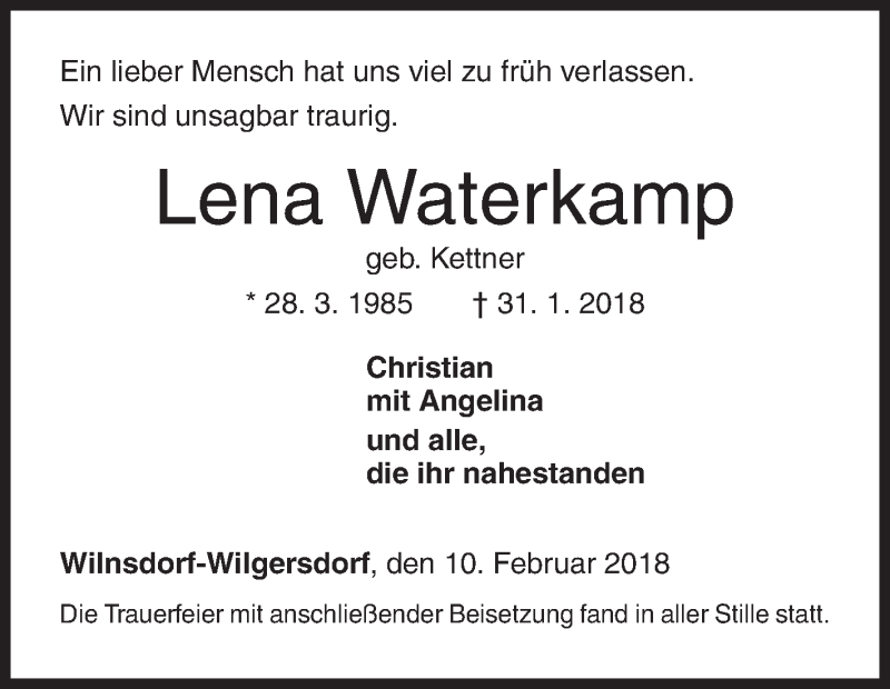  Traueranzeige für Lena Waterkamp vom 10.02.2018 aus Siegener Zeitung