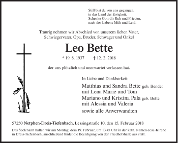 Traueranzeige von Leo Bette von Siegener Zeitung