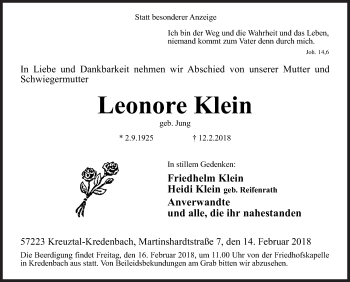 Traueranzeige von Leonore Klein von Siegener Zeitung