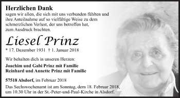 Traueranzeige von Liesel Prinz von Siegener Zeitung