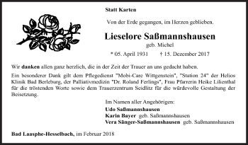 Traueranzeige von Lieselore Saßmannshausen von Siegener Zeitung