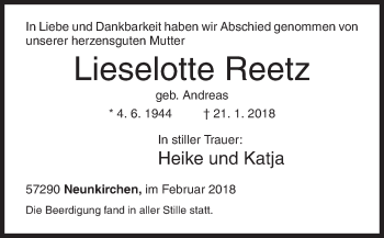 Traueranzeige von Lieselotte Reetz von Siegener Zeitung