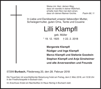 Traueranzeige von Lilli Klampfl von Siegener Zeitung